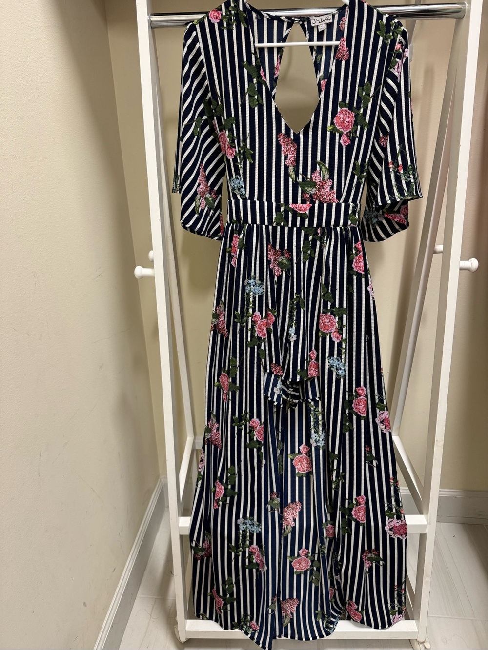 Floral Stripe V-Neck Maxi Wrap Dress - Navy & Pink
